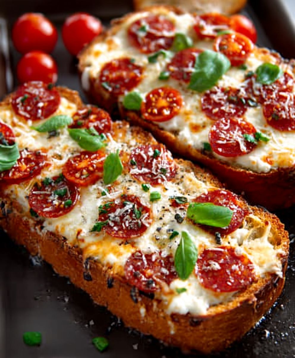 Französisches Brot-Pizza mit Knoblauchbutter, Peperoni und Käse image 2