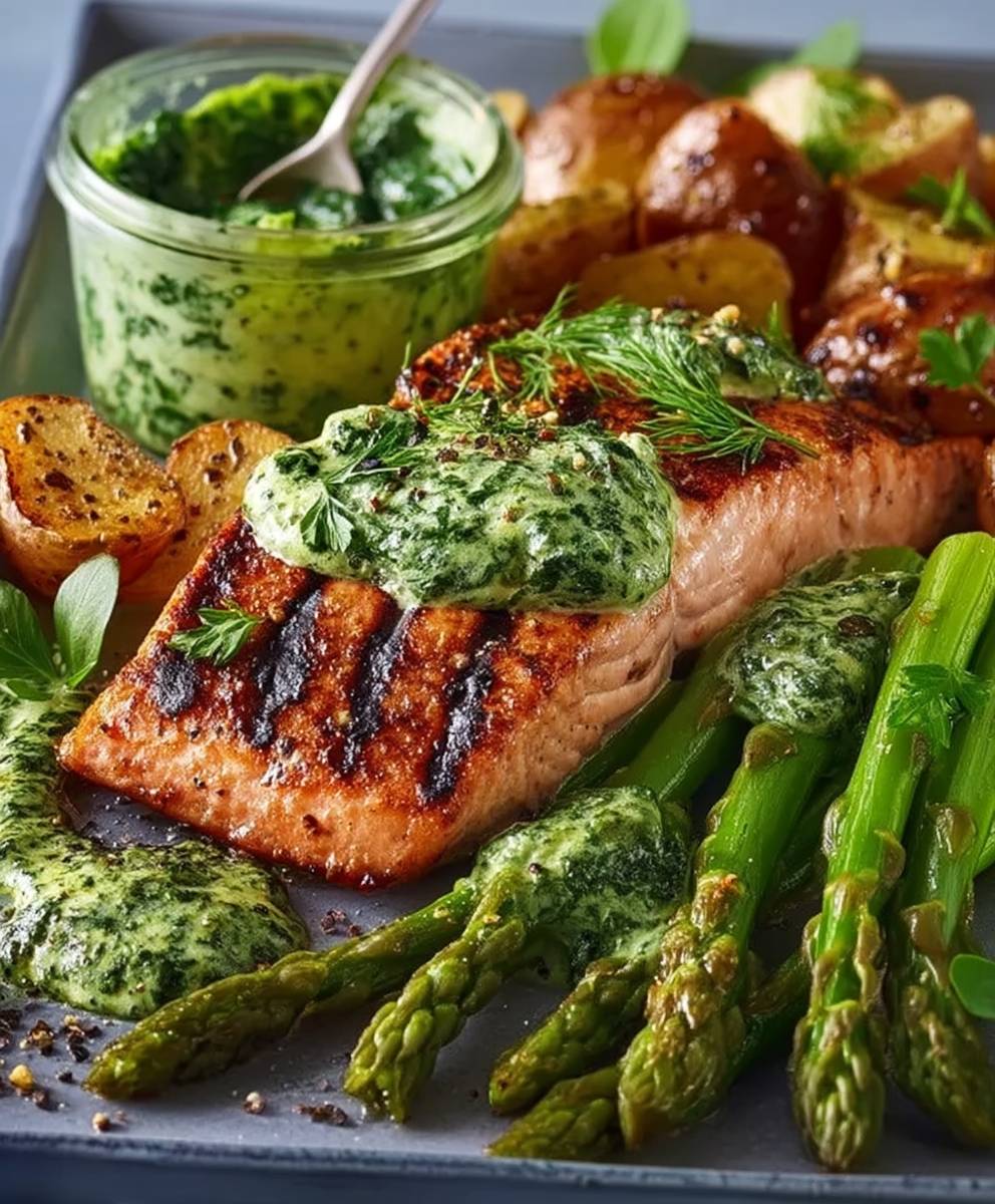 Gegrillter Lachs mit gerösteten Babykartoffeln, Spargel und cremiger Spinatsoße image 2