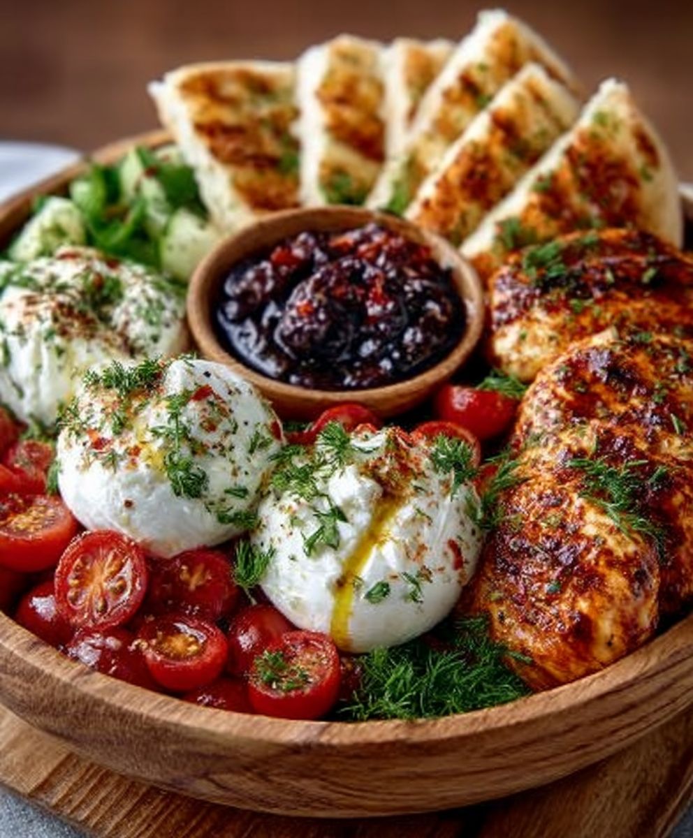 Tapas-Platte mit mariniertem Mozzarella und Burrata sowie Knoblauchbrotstangen image 2