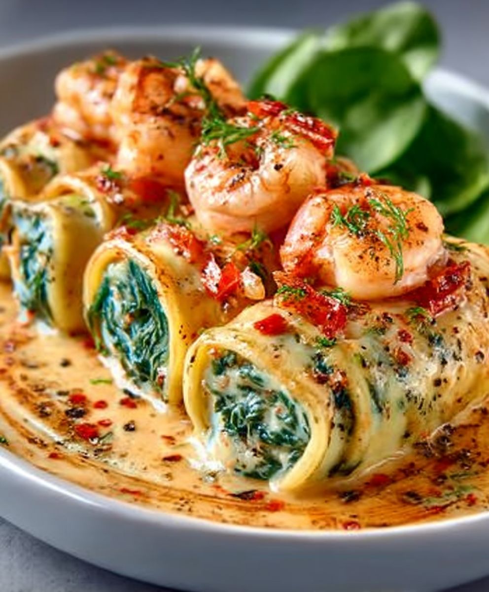 Cremige Pasta-Röllchen mit gerösteter roter Paprika, gefüllt mit Garnelen und frischem Spinat image 2