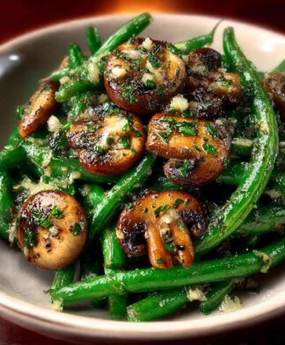 Herzhafte grüne Bohnen in Knoblauchbutter mit sautierten Champignons – ein Genuss! image 2
