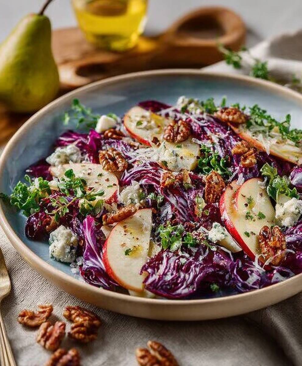Enjoy a delicious Radicchio Salad featuring fresh radicchio, tart apples, and savory parmesan, drizzled image 2
